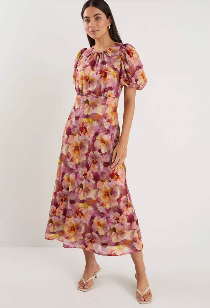 Georgia Zoe Exquisite Puff Sleeve Midi Dress in Pink Multi Floral | Women's Dresses | Gretel Lane