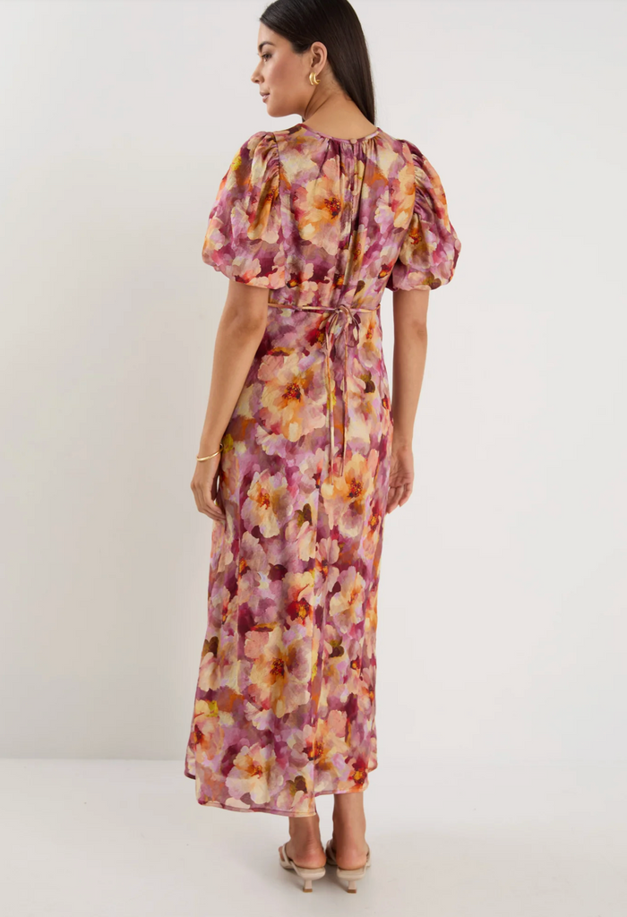 Georgia Zoe Exquisite Puff Sleeve Midi Dress in Pink Multi Floral | Women's Dresses | Gretel Lane