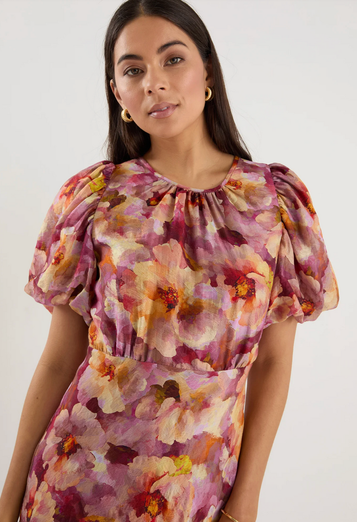 Georgia Zoe Exquisite Puff Sleeve Midi Dress in Pink Multi Floral | Women's Dresses | Gretel Lane
