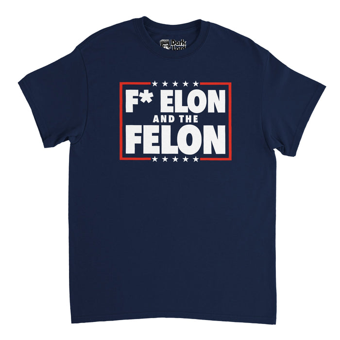 A retro, 70s style navy blue t-shirt with the words "F* Elon and the Felon" surrounded by a red stripe and white stars to symbolize US politics, and references Elon Musk and Trump as an anti-Elon and anti-Trump message.