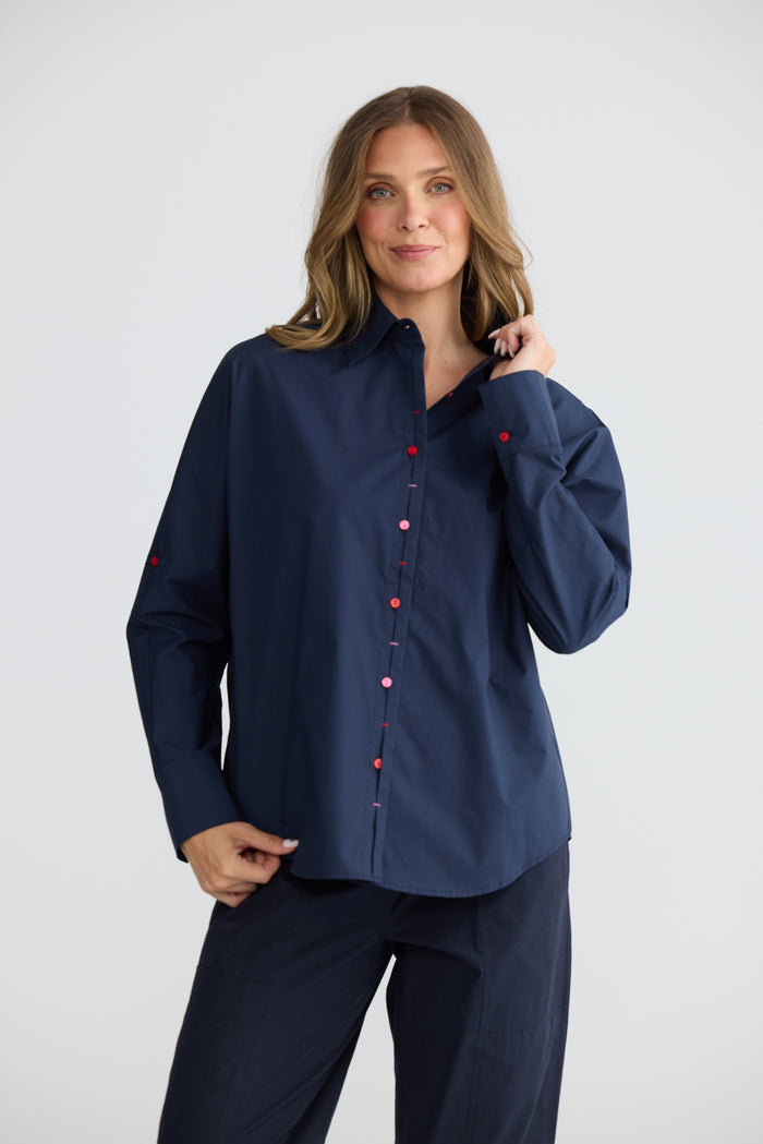Holiday Fae Cotton Button Through Shirt in Navy | Women's Shirts | Gretel Lane