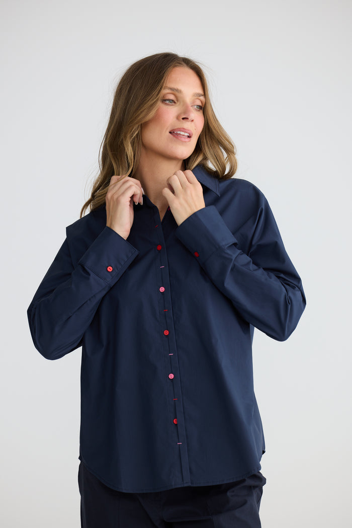 Holiday Fae Cotton Button Through Shirt in Navy | Women's Shirts | Gretel Lane