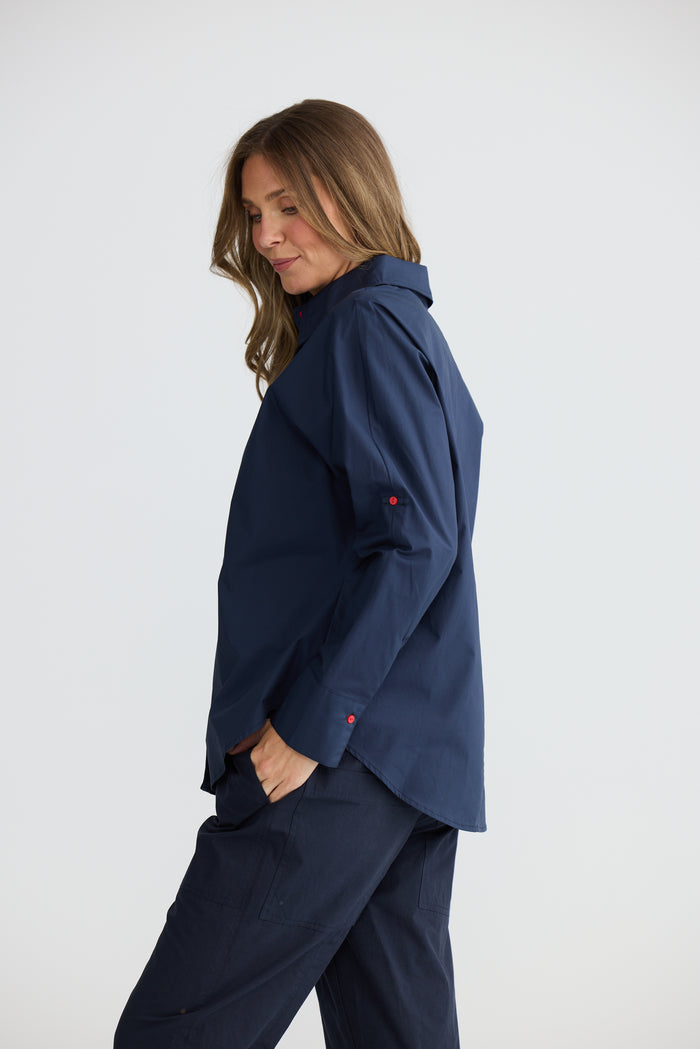 Holiday Fae Cotton Button Through Shirt in Navy | Women's Shirts | Gretel Lane