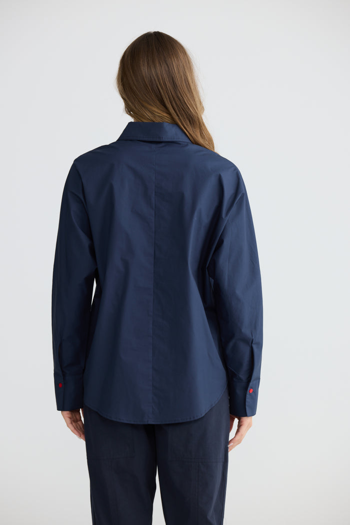 Holiday Fae Cotton Button Through Shirt in Navy | Women's Shirts | Gretel Lane