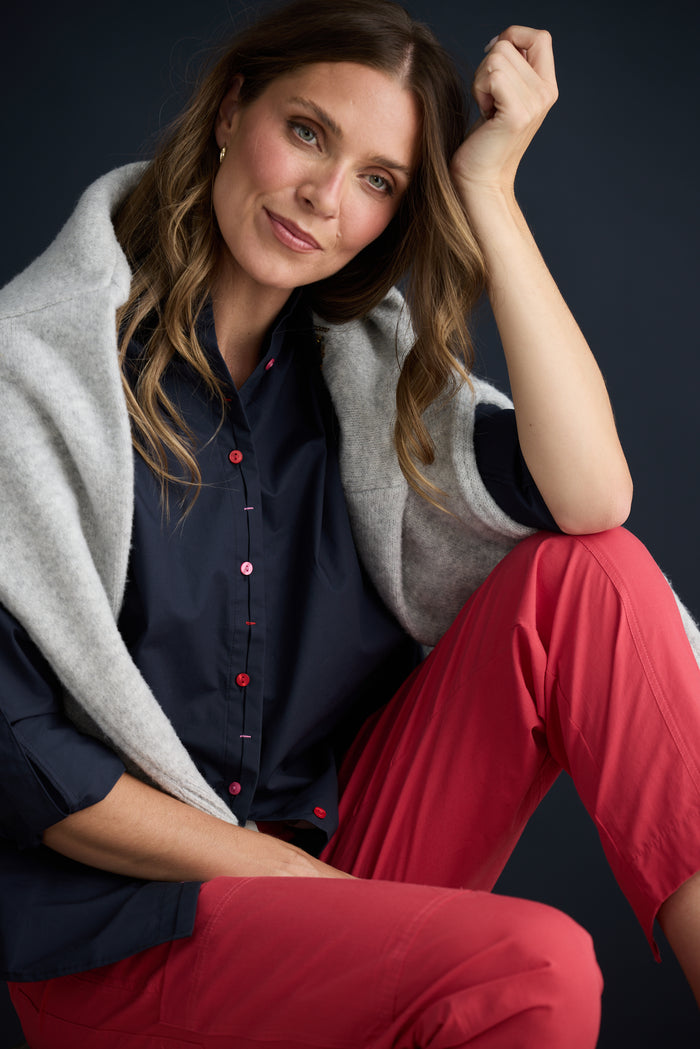 Holiday Fae Cotton Button Through Shirt in Navy | Women's Shirts | Gretel Lane