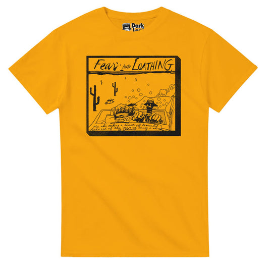 A mustard yellow colored vintage "Fear and Loathing in Las Vegas" souvenir t-shirt that says "Fear and Loathing" and highlights the Samuel "Dr. Johnson" quote "He who makes a beast of himself gets rid of the pain of being a man" as well as a sketched image of a car racing through the cacti filled Mojave Desert, exhaust fumes and bubbles and a cow with sunglasses in the distance, two men driving - characters Dr. Gonzo and Raoul Duke played by iconic actors Benicio del Toro and Johnny Depp.