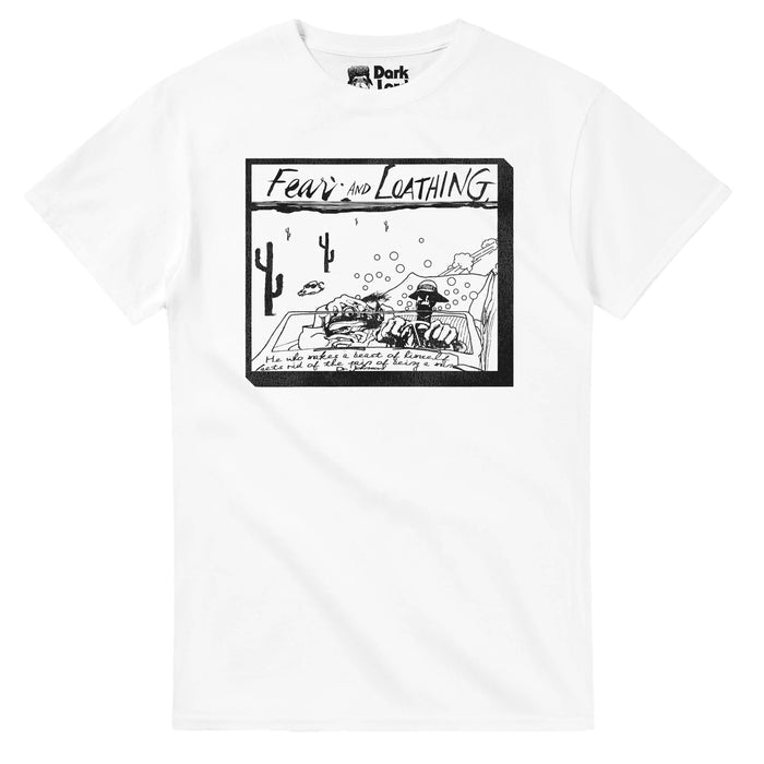 A white, retro, 80s style short sleeved t-shirt that says "Fear and Loathing" in handwritten letters, below a sketched image of two men driving, bubbles and exhaust gas spewing out behind the speeding car, cacti and a desert in the distance, and a cow head with sunglasses. Includes the quote "He who makes a beast of himself gets rid of the pain of being a man, Dr. Johnson" (Samuel Johnson) and references the film "Fear and Loathing in Las Vegas" starring Johnny Depp as Raoul & Benicio del Toro a