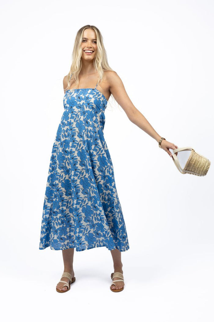 Humidity Fleur Sway Dress in Blue/Stone | Floral Strappy A-Line Maxi Dress with Shirred Back | Gretel Lane