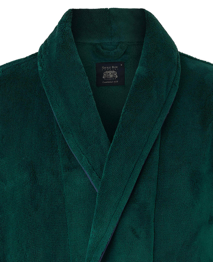 Men's Forest Green Fleece Piped Dressing Gown collar detail