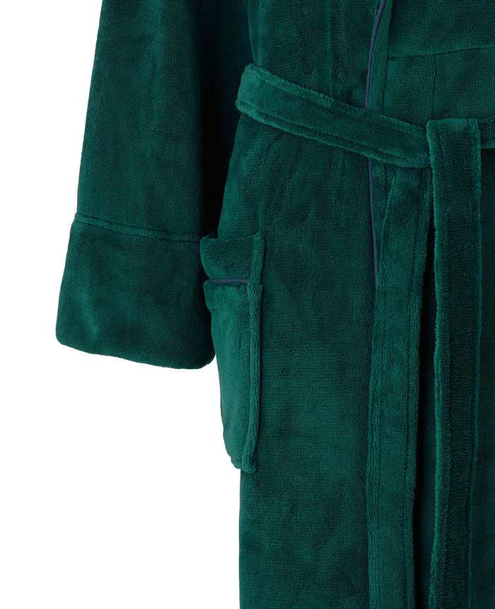 Men's Forest Green Fleece Piped Dressing Gown pocket detail