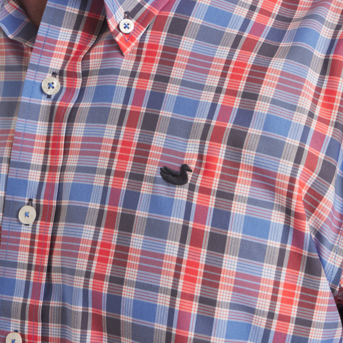Navy & Red Plaid | On Model | Detail | Embroidered Chest Logo