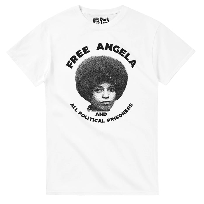 A retro, 80s style white colored t-shirt that says "Free Angela and All Political Prisoners" around a black and white image of Angela Davis staring straight at the camera, her face calm, her hair in an afro. References the 2012 documentary of the same name, exploring Angela Davis' social activism, being on the FBI's most wanted list, a botched kidnapping attempt,  her involvement with the Black Panthers and Communist parties, and her trial, starring Angela Davis and Eisa Davis.
