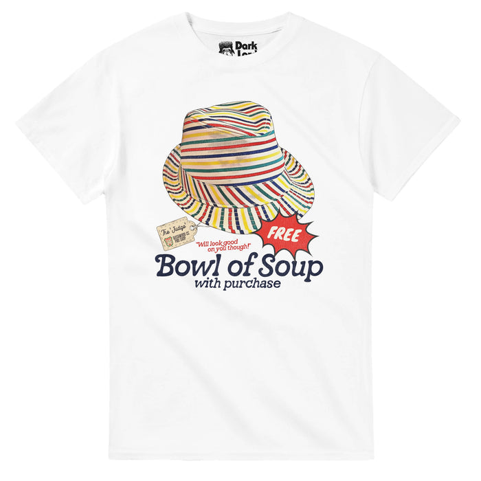 A vintage, souvenir white t-shirt that says "Bowl of Soup with purchase" & "Will look good on you though!" under a colorful hat with red, yellow, green, & blue stripes with a tag reading "The 'Judge'" and a speech balloon saying "FREE" in reference to the quote "Oh, this is the worst looking hat I ever saw. What, when you buy a hat like this I bet you get a free bowl of soup, huh?" said by Rodney Dangerfield as Al Czervik from Caddyshack, starring Chevy Chase, Ted Knight, Michael O'Keefe, & Bill