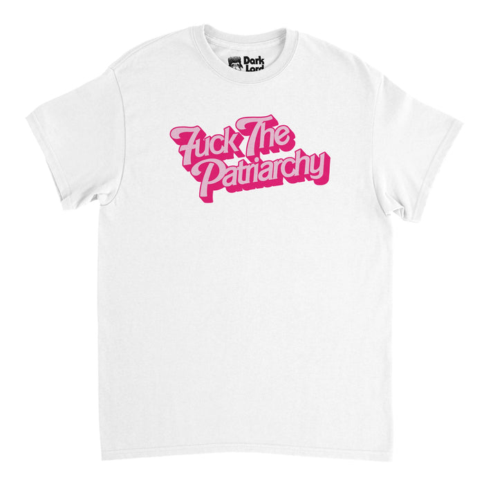 A retro, 80s style white colored t-shirt that has bright pink bubble letters, reminiscent of the famous Barbie text font, and says "Fuck The Patriarchy", an iconic, rebel phrase.