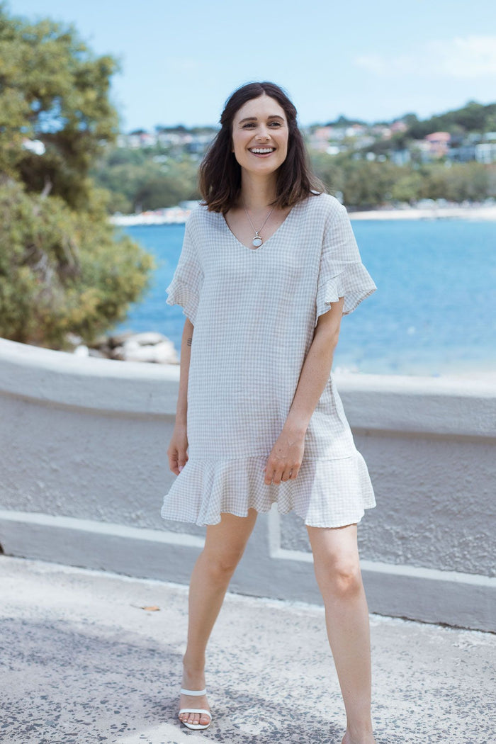 GA338 Gingham Mini Dress with V-neckline