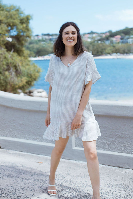 GA338 Gingham Mini Dress with V-neckline