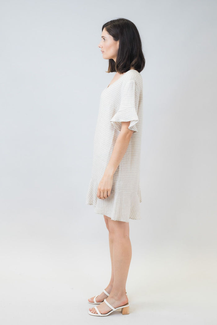GA338 Mini Dress in gingham check print | Naturals by O&J