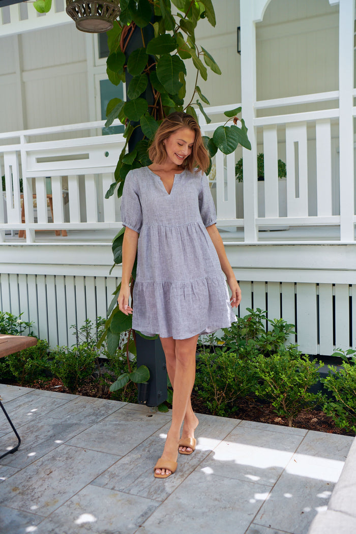 100% Linen babydoll-style women’s dress in soft Congo grey houndstooth