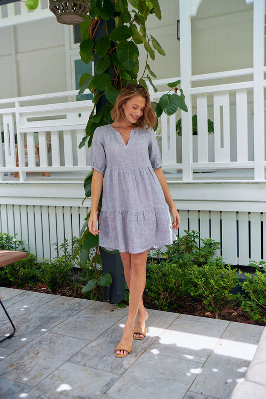 100% Linen babydoll-style women’s dress in soft Congo grey houndstooth