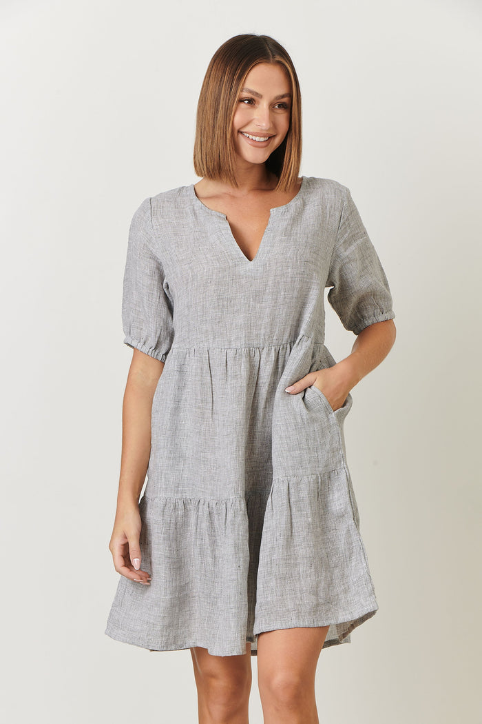 women’s tiered mini dress in a soft Congo houndstooth print