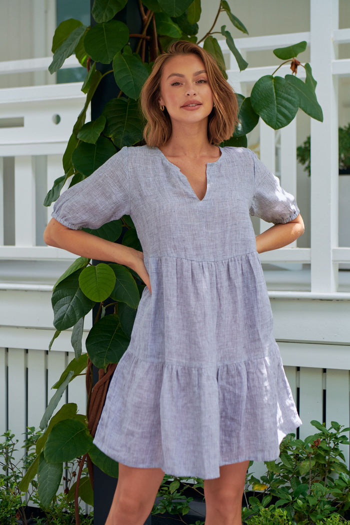 women’s linen blend mini dress in a soft Congo grey houndstooth