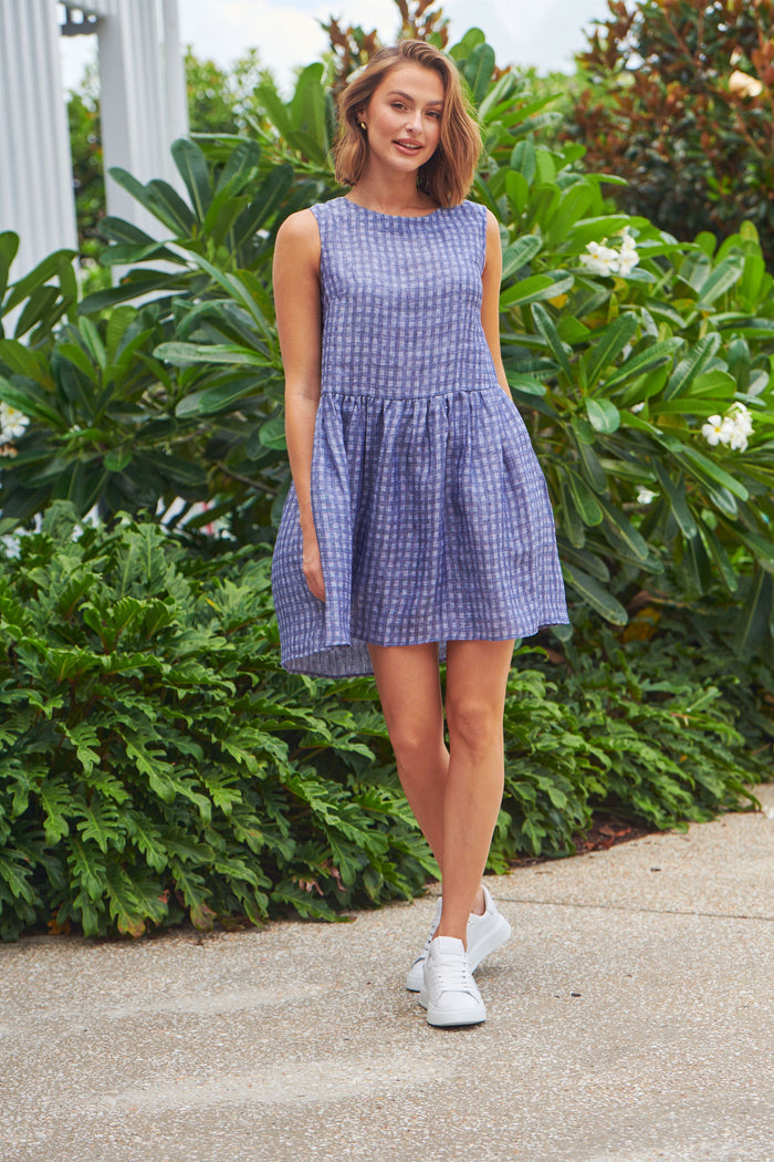sleeveless mini dress in a Midnight blue matrix check print