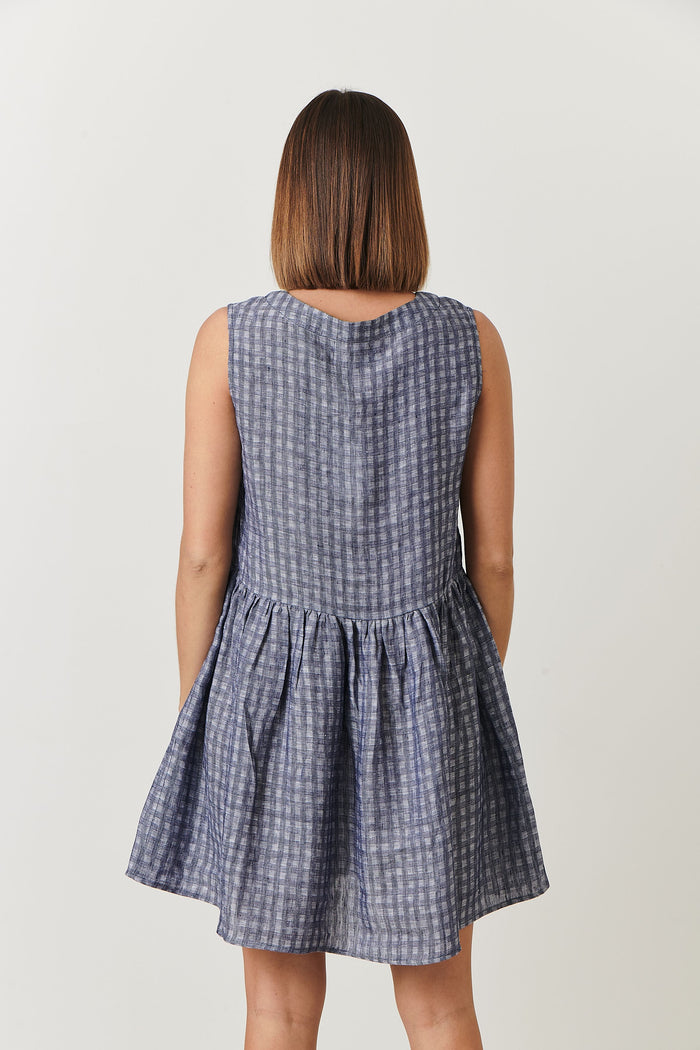 summer sleeveless mini dress Midnight blue matrix check print