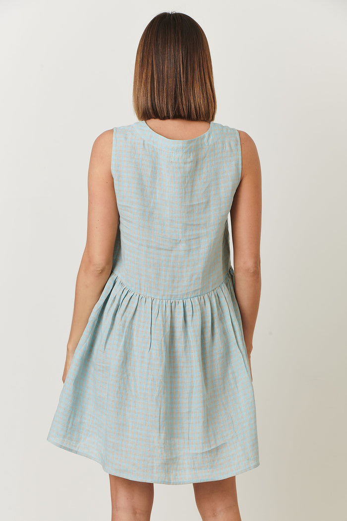 women’s check print dress aqua tones