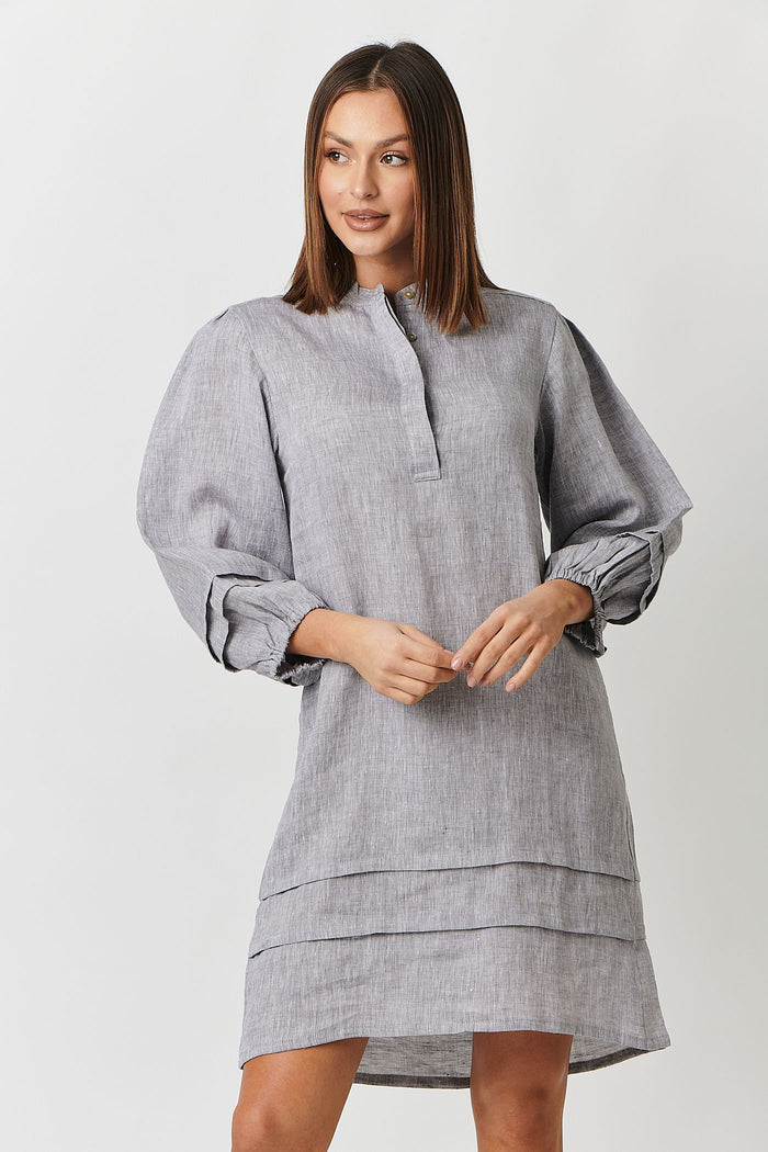GA419 100% Linen Midi Dress (Silver)