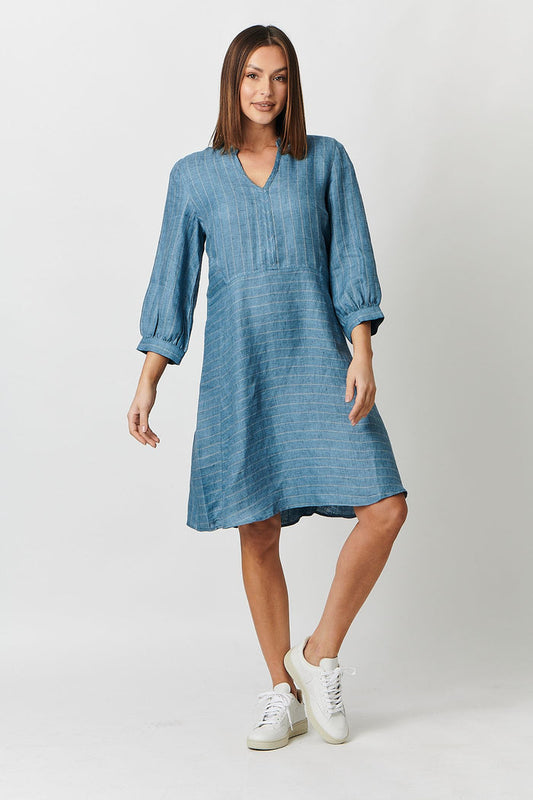 blue 100%linen knee-length dress | Naturals by O&J