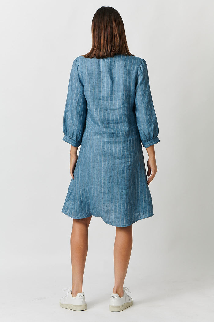 women’s linen dress in a soft Lagoon Mix blue stripe