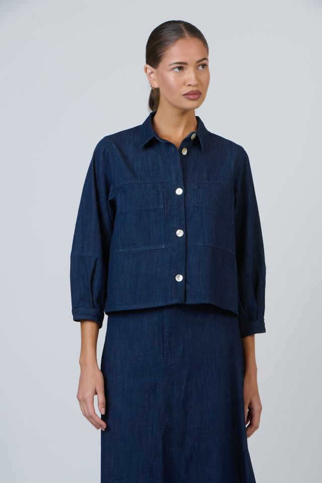 Womens Navy Linen 3/4 Sleeve Collared Shirt | Gretel Lane