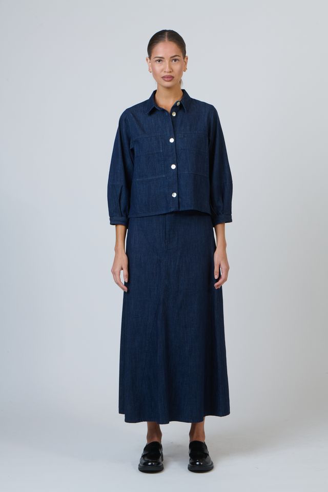 Womens Navy Linen 3/4 Sleeve Collared Shirt | Gretel Lane