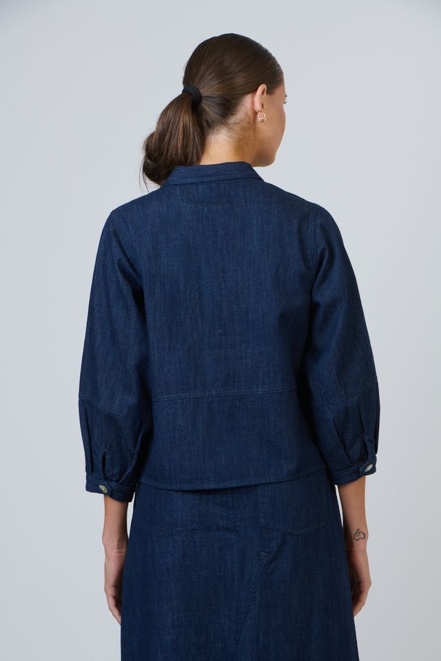 Womens Navy Linen 3/4 Sleeve Collared Shirt | Gretel Lane
