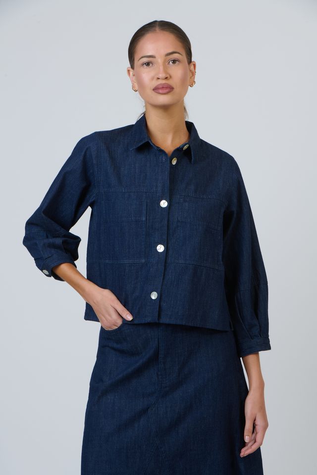 Womens Navy Linen 3/4 Sleeve Collared Shirt | Gretel Lane