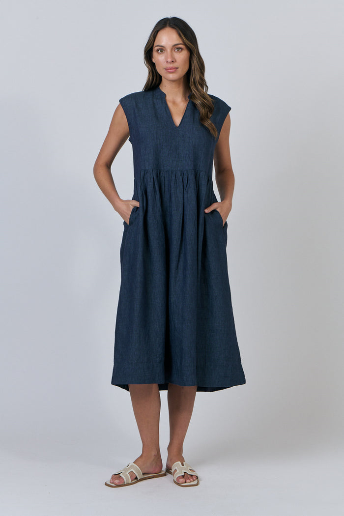 women’s 100% Linen navy midi dress | Naturals by O&J