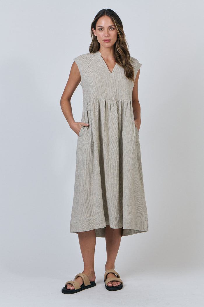 women’s 100% linen midi dress in a soft natural Blister