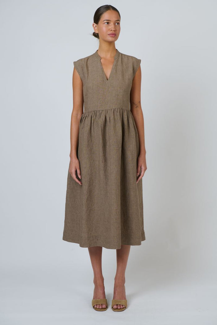 Naturals by O&J GA606 Women's Linen V-neck Midi Dress Agate | Women's Clothing | Gretel Lane