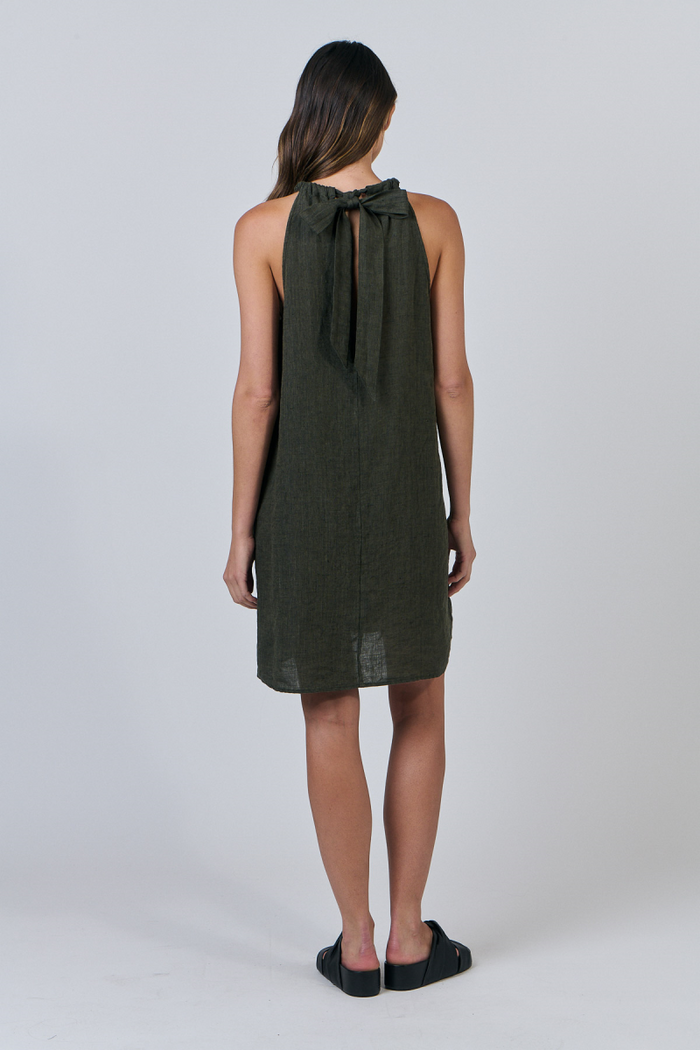 gathered high neckline linen mini dress
