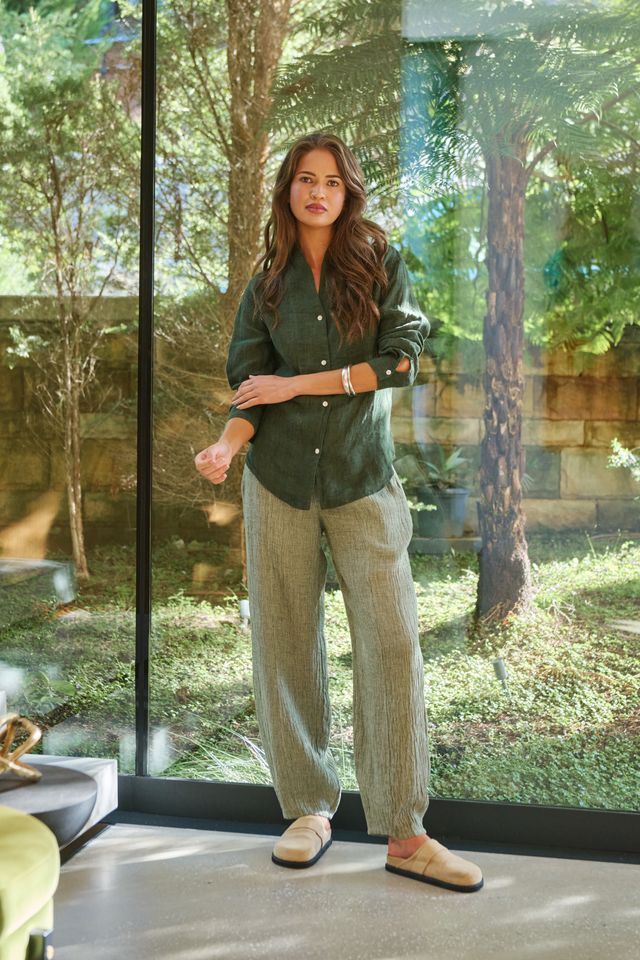 Green woven linen women's pants | Gretel Lane