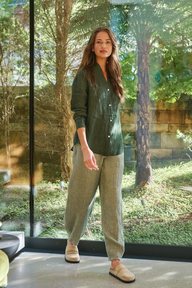 Green woven linen women's pants | Gretel Lane