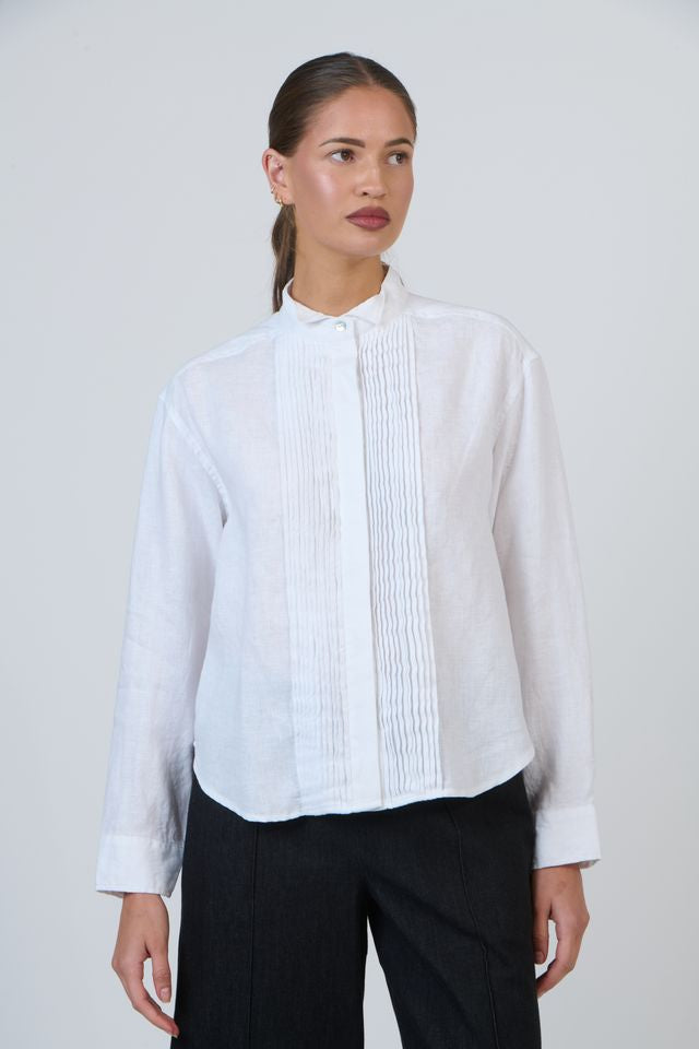 Womens White Linen Pintuck Shirt | Gretel Lane