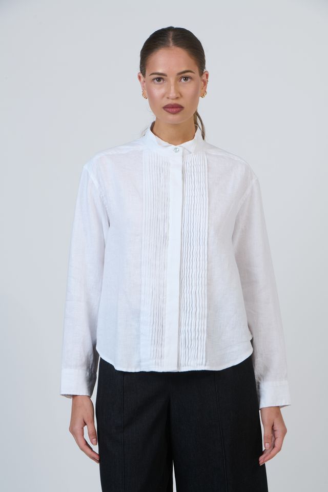 Womens White Linen Pintuck Shirt | Gretel Lane