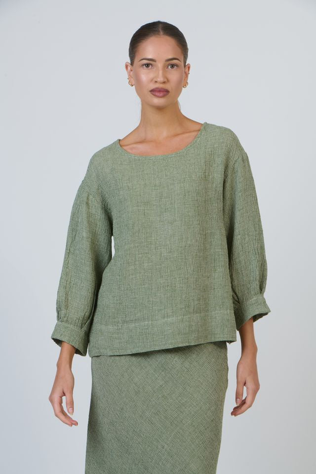 Women's Green textured linen blouse | Gretel Lane