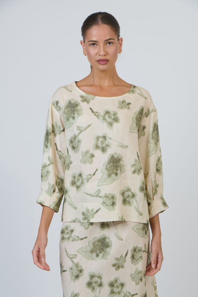 Green Floral Women's Linen Blouse | Gretel Lane