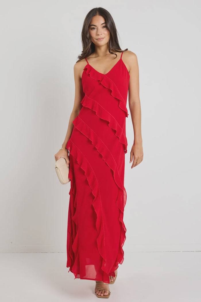 Georgia Mae Galore Bias Ruffle Slip Maxi Dress in Flame | Red Strappy Ruffle Maxi Dress | Women's Clothing Australia