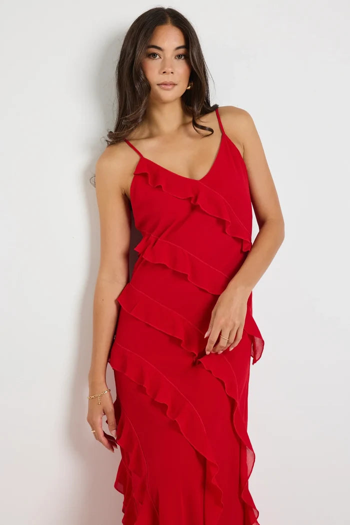 Georgia Mae Galore Bias Ruffle Slip Maxi Dress Flame | Bright Red Maxi Dress with Strappy Sleeve | Women's Clothing Online Store Australia