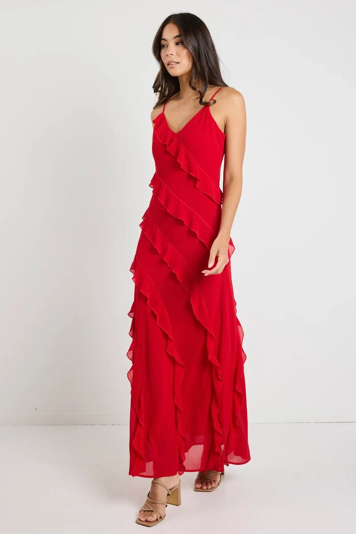 Georgia Mae Galore Bias Ruffle Slip Maxi Dress | Elegant Red Maxi Dress with Soft Ruffle Layers | Women’s Dresses Australia