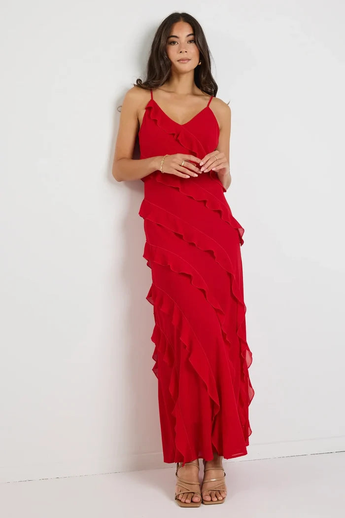 Georgia Mae Red Maxi Dress | Bias-Cut Red Slip Dress with Ruffles Detailing | Women's Online Clothing Shop Australia