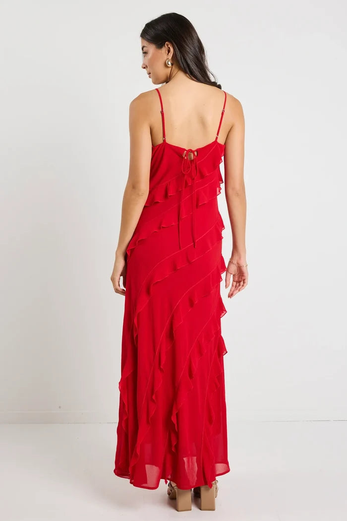 Georgia Mae Maxi Dress | Red Occasion Maxi Dress with Delicate Straps and Layered Ruffle Design | Women's Clothing Boutique Australia